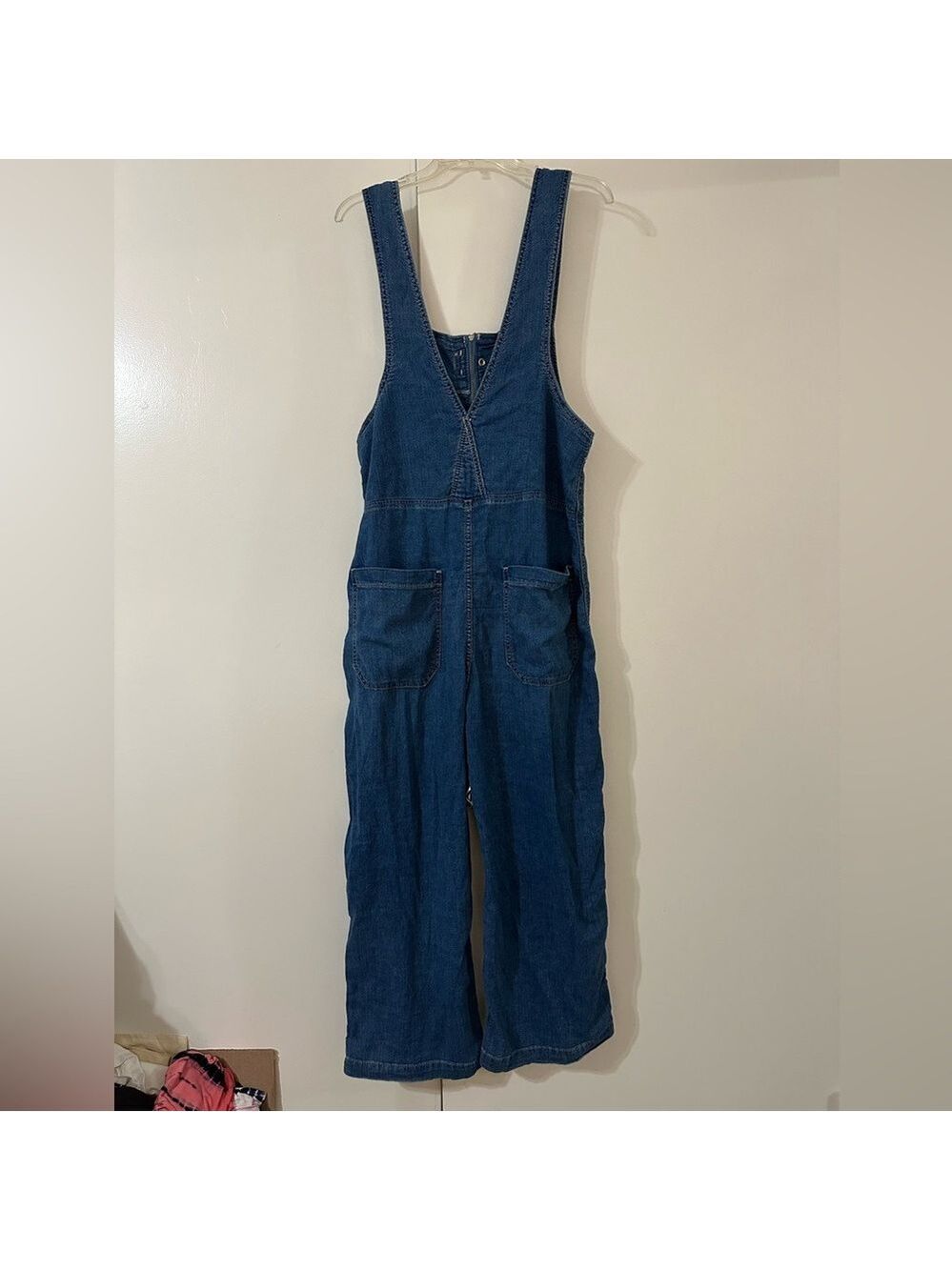 FREE PEOPLE SOFT BLUE DENIM OVERALLS ZIP FRONT SNAP CLOSURE WIDE LEG SIZE MEDIUM - Picture 6 of 14